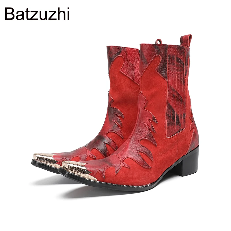 

Batzuzhi Cowboy Men's Boots Pointed Toe Red Mid-calf Genuine Leather Boots Man Suede Party, Motorcycle Boots for Man! US6-12