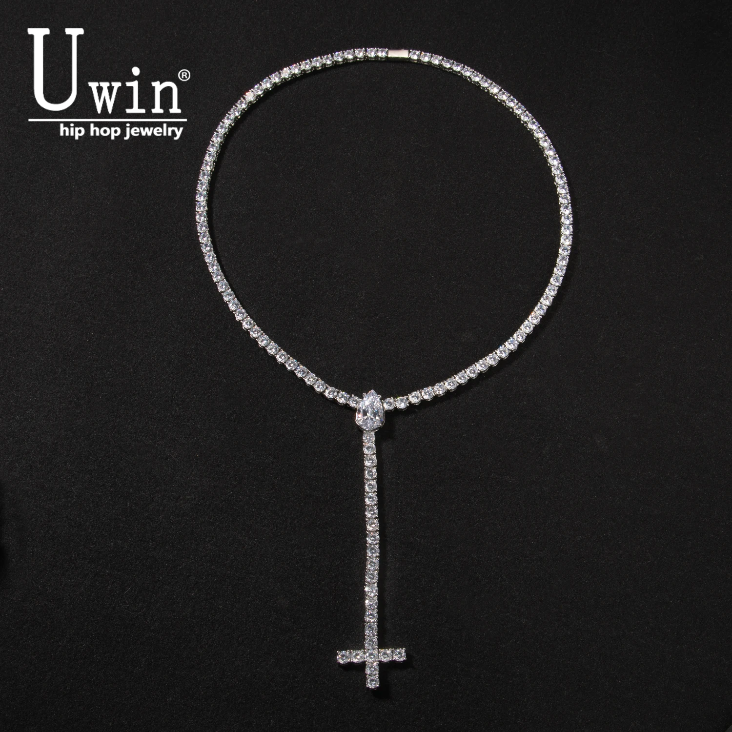 Uwin Water Drip Necklace For Women 4mm Tennis Chain With Cross Pendant Iced Out Cubic Zirconia Hip Hop Jewelry Gift