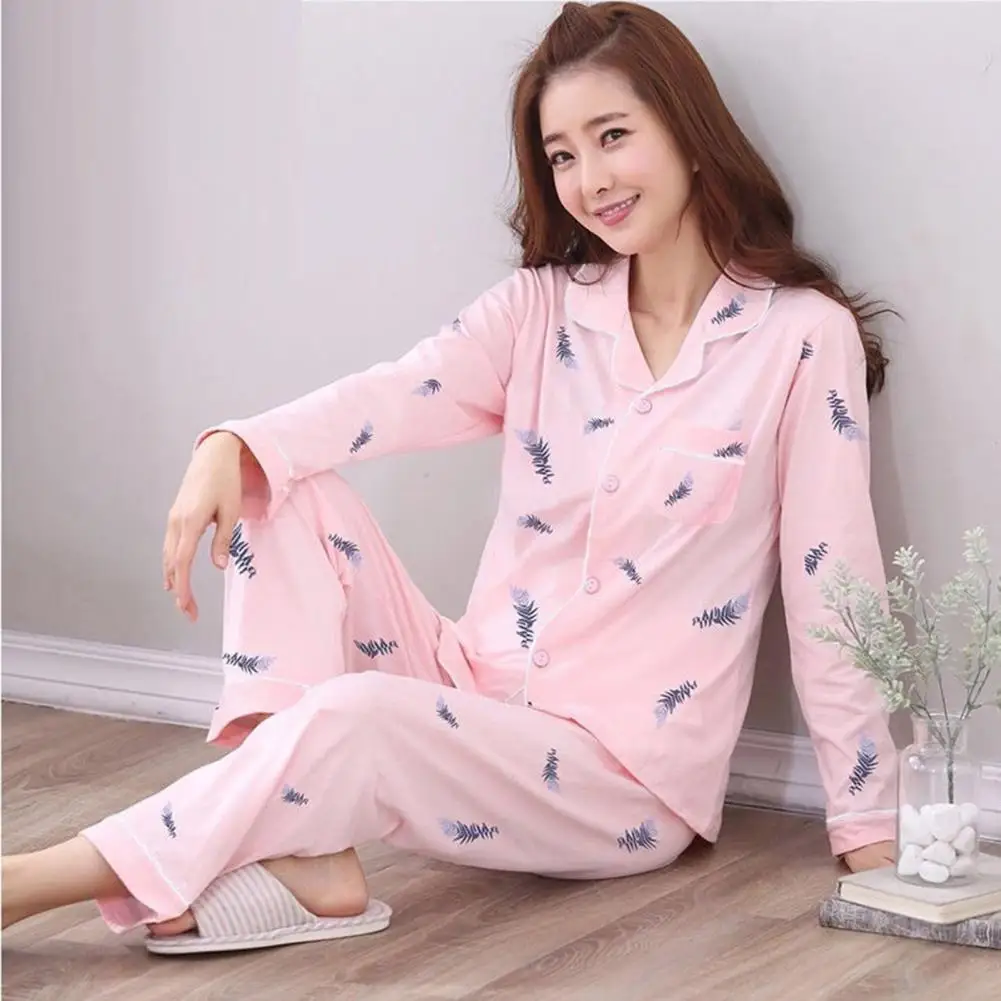 Women Pajama Set Casual Comfortable Women Homewear Stylish Women's Loungewear Set Lapel Neck Pajamas with Elastic for Spring