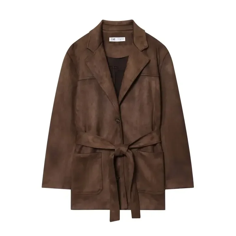 

Women Turn-down Collar Jacket Warm Suede Leather Effect PU Female Outerwear Fashion Tops Pocket Coat Simple Style Solid Color