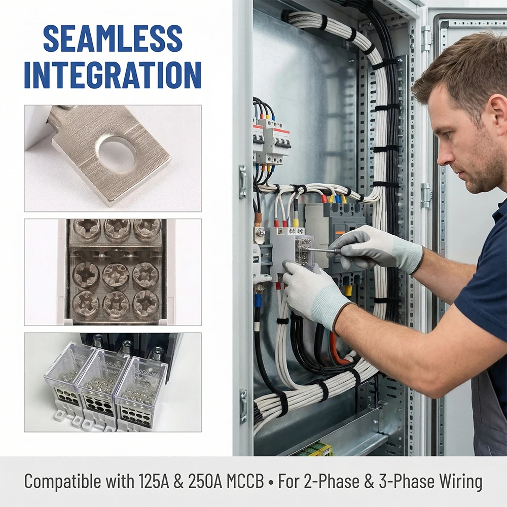 125A/250A Din Rail Terminal Block Distribution Box, 1 In 4/6 Out Power Junction Box, 10/16mm² Wire Connector for Circuit Breaker view 4