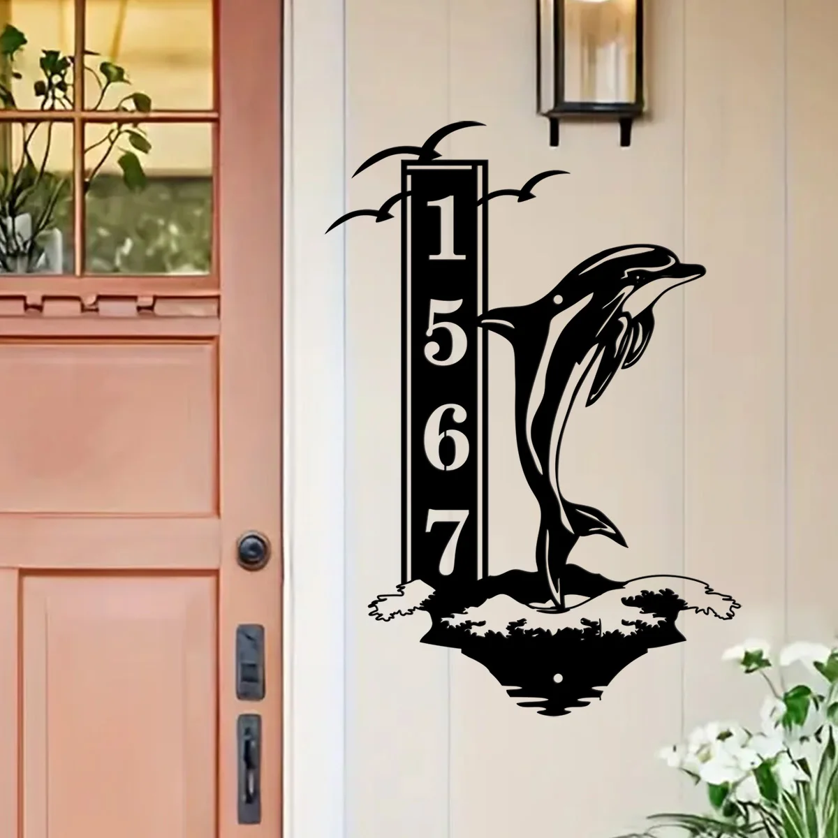 Custom Personalized Metal Dolphin Full Breach & Seagulls Flying Vacation Home Condo Address Welcome Outdoor Art Decor Beach