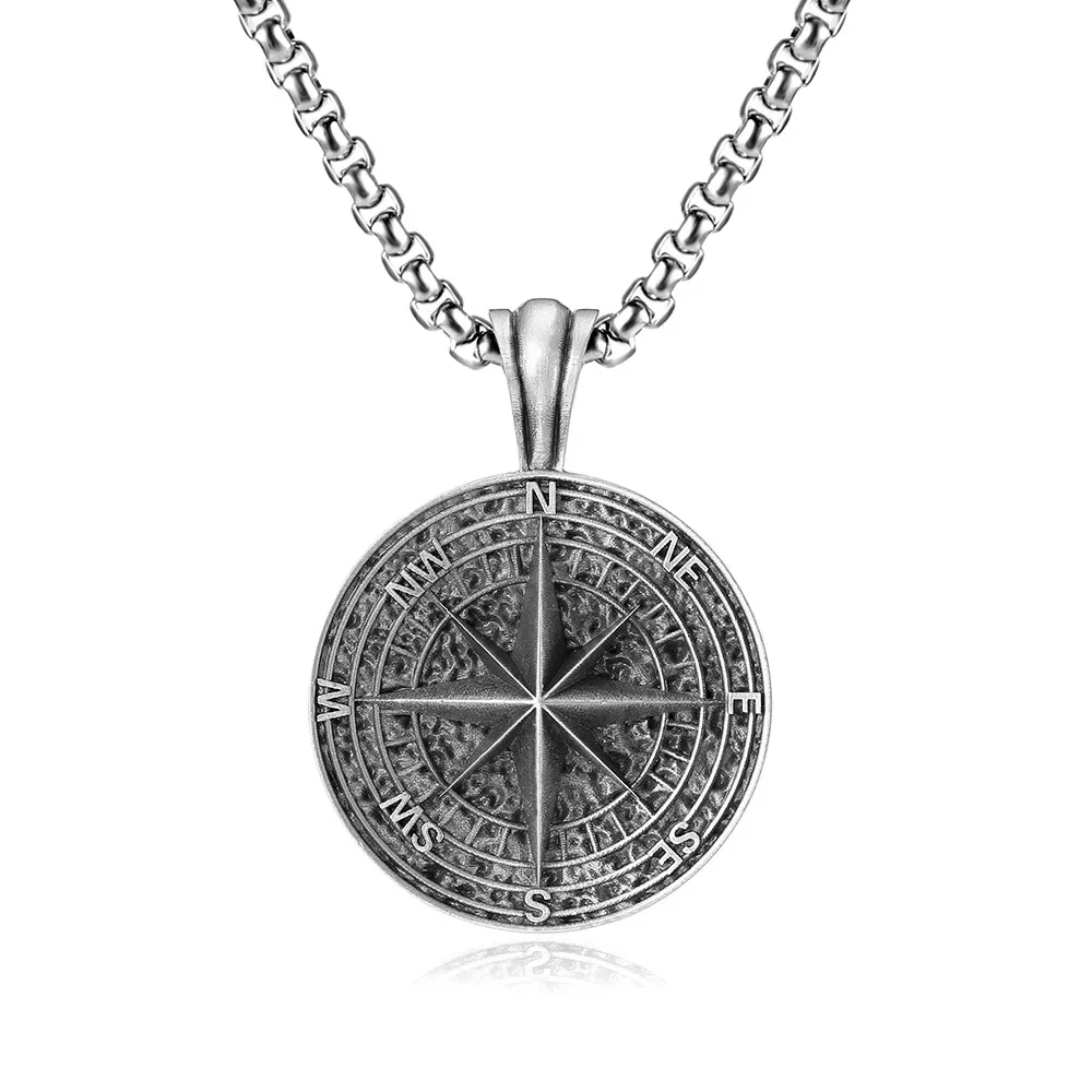 European and American men's retro necklace, titanium steel compass, compass pendant, stainless steel punk jewelry, hip-hop