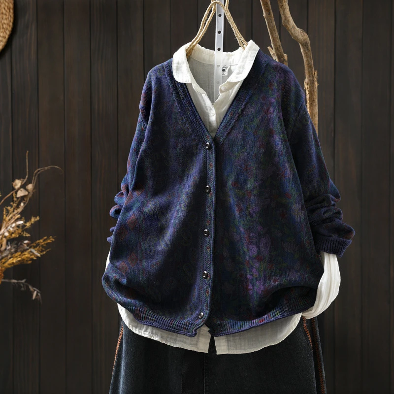 

Женский вязаный кардиган с длинным рукавом, Новое поступление, осень 2022, винтажный стиль, v-образный вырез, цветочный узор, женские повседневные свитера M2043