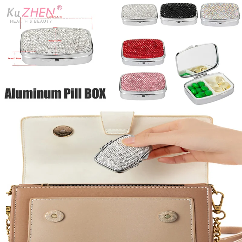 

Коробка для таблеток, 2 отделения, небольшой дорожный органайзер для таблеток, аптечка с кристаллами и бриллиантами, зеркальный контейнер-органайзер для рыбьего масла