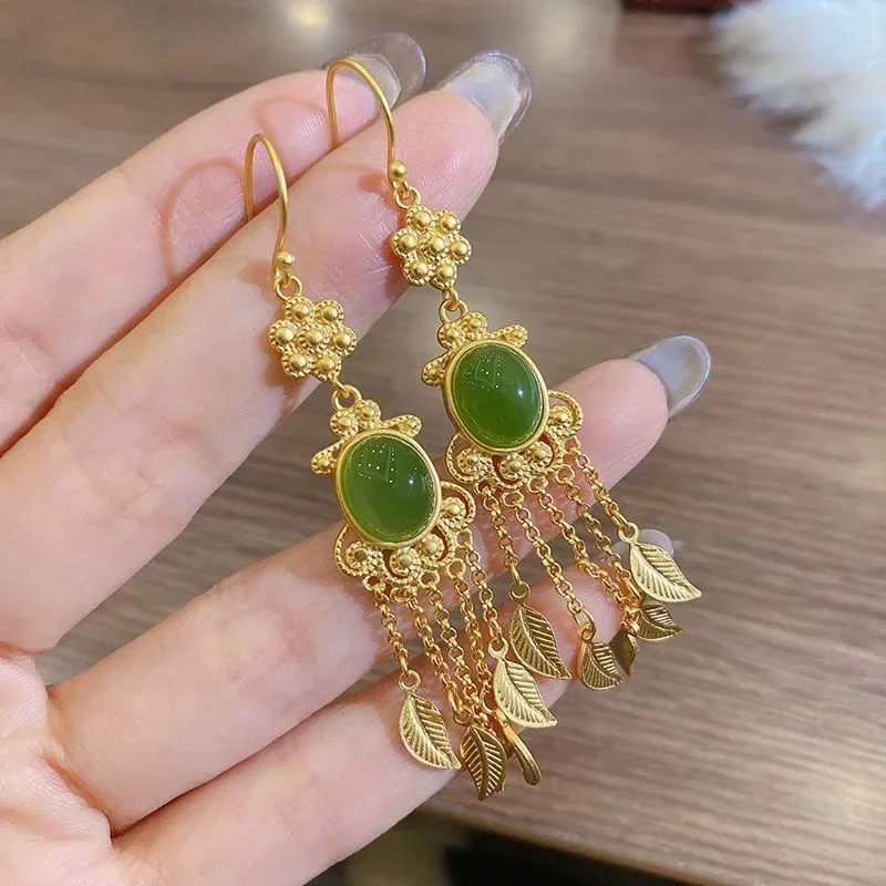 

Chinese Style Vintage Silver Gilding Inlaid Hotan Jade Long Leaf Tassel Earrings for Women Party HanFu Wedding Dress Jewelry