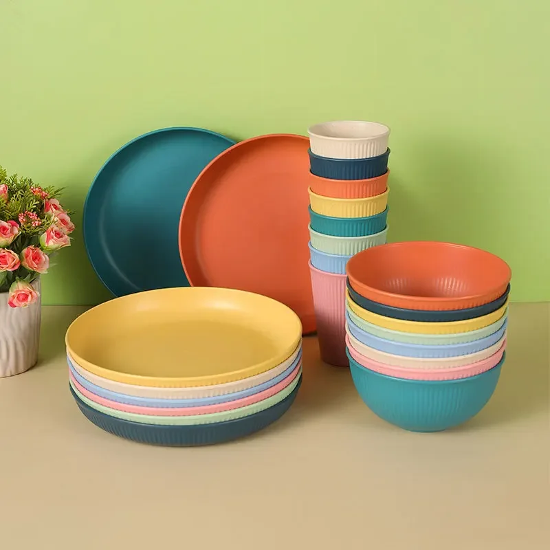 New High Beauty Drop Resistant Wheat Straw Plate Bowl and Cup Home Thickened Vertical Pattern Plate Meal Bowl Water Cup Gift Set