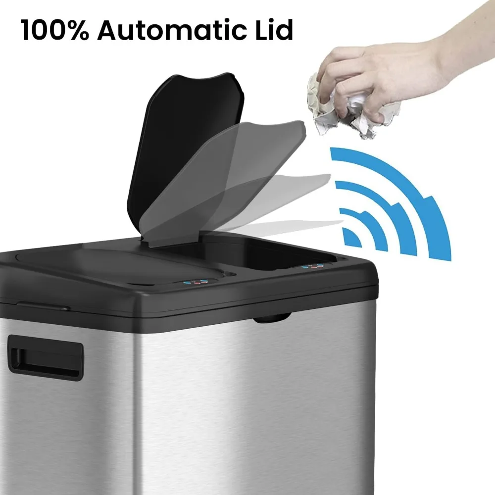 16 Gallon Touchless Trash Can and Recycle Bin, Stainless Steel, Dual-Compartment (8 Gal each), Kitchen Recycling and Garbage