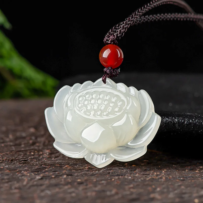 

Hot Selling / Hand-carve Hetian White Jade Lotus Necklace Pendant Fashion Jewelry Men Women Luck Gifts