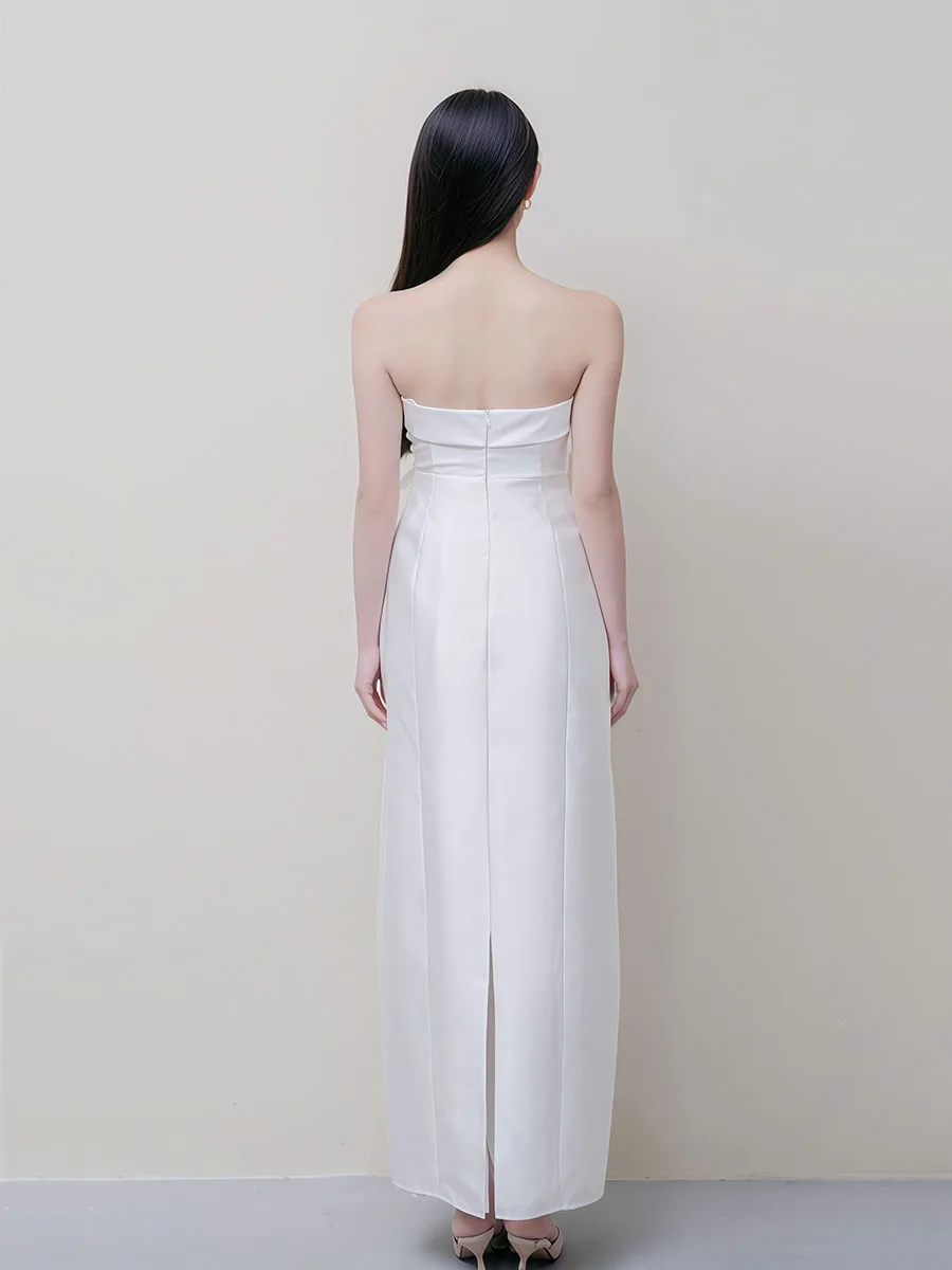 Reddachic feminino bowknot cetim vestido de noite branco brilhante texturizado sem alças espartilho fenda vestido longo formatura roupas formais