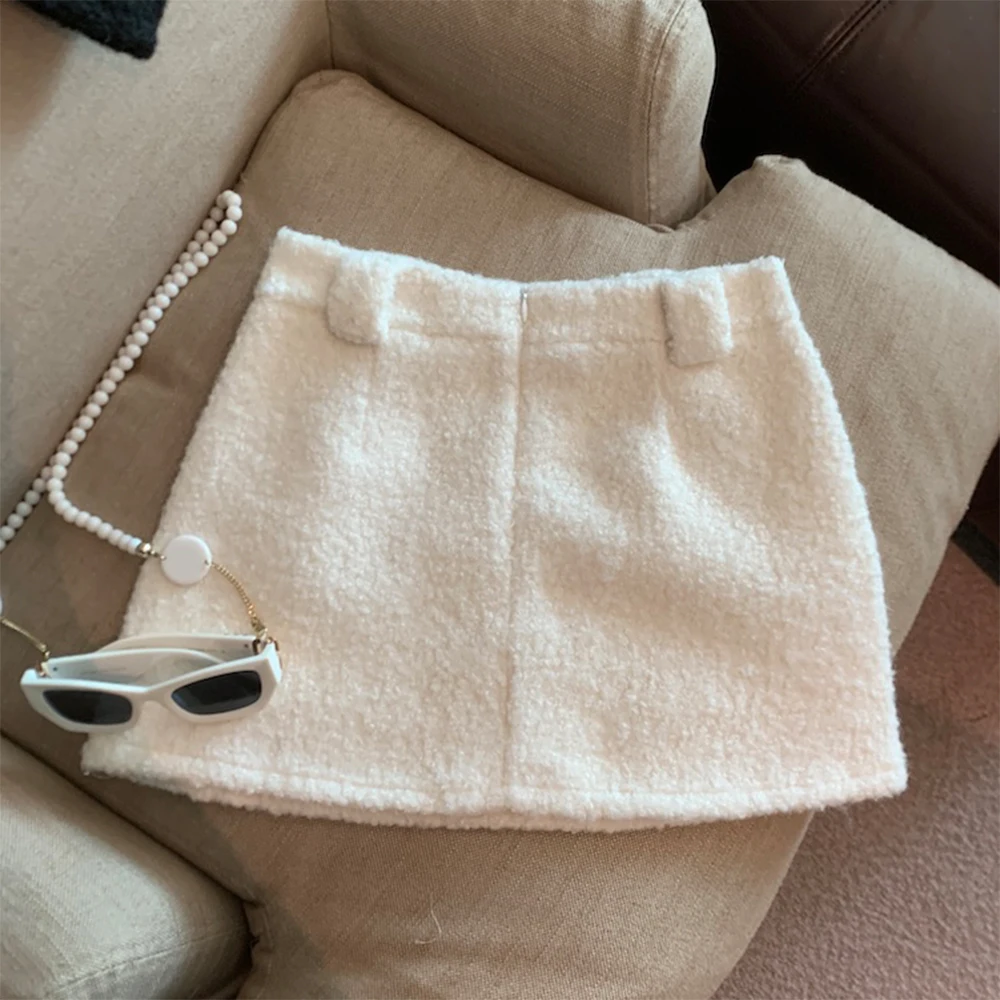 Women Khaki Mini Skirt Vintage Korean Style Y2k Gyaru A-line Wrap Skirt Harajuku Short Woolen Skirt 2000s Clothes Autumn Winter