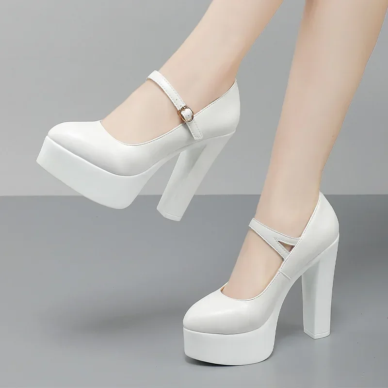 Small Size 32-43 Elegant Thick Bottom Platform Pumps Women Wedding Shoes White 2024 Block High Heels Shoes for Office Model