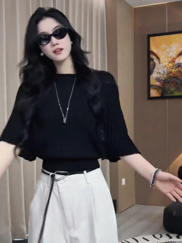 

Вязаный пуловер из ледяного шелка с летучей мышью Све, свободный повседневный топ, летняя модная футболка, женская удобная мягкая ткань средней длины