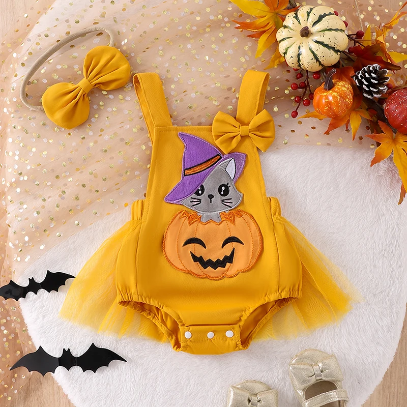 Newborn Infant Baby Girl Halloween Outfit Clothes Cat Pumpkin Romper Mesh Tulle Dress