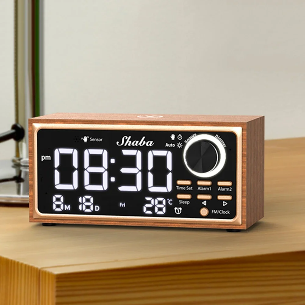 Vintage Alarm Clock Solid Wood Clock FM Radio with Wireless Charging LED Display Dimmer Control Bedroom decorations Wall clock