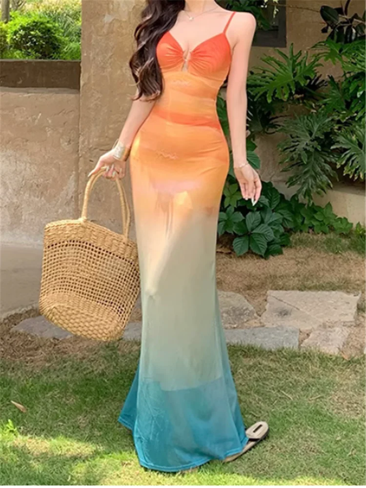 عطلة عطلة مذهلة التدرج اللون الأشرطة طباعة فستان بحزام الشاطئ الصيف مثير الخامس الرقبة بلا أكمام الحمالات فستان طويل زلة