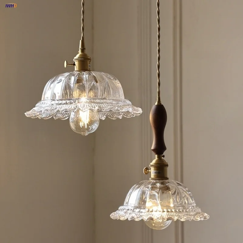 

IWHD Clear Flower Glass LED Pendant Lights Kitchen Dining Living Room Knob Switch Walnut Wood Modern Wire Adjustable Hang Lamp