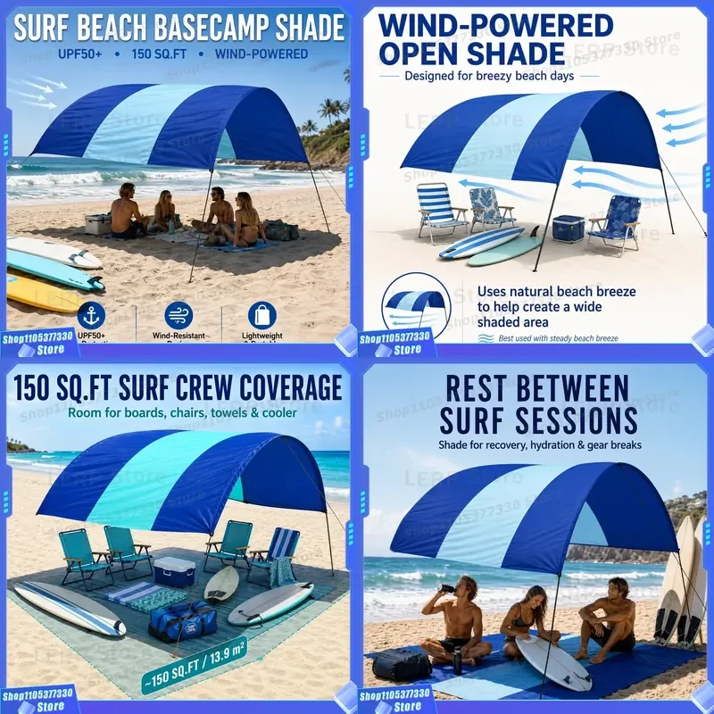 150 SQ.FT Beach Shade Canopy, UPF50+ Wind-Powered Lightweight Beach Tent with Sand Anchors for Surfing Water Sports