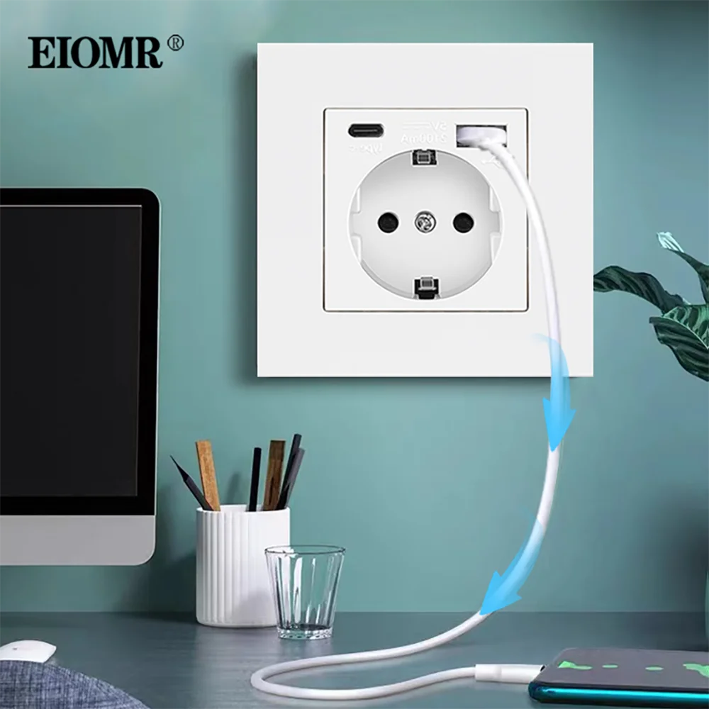 EIOMR EU Power Socket With Type-C Charging For Home 5V 2A Intelligent Charging Port 86*86mm PC Panel USB Wall Socket 16A Outlet