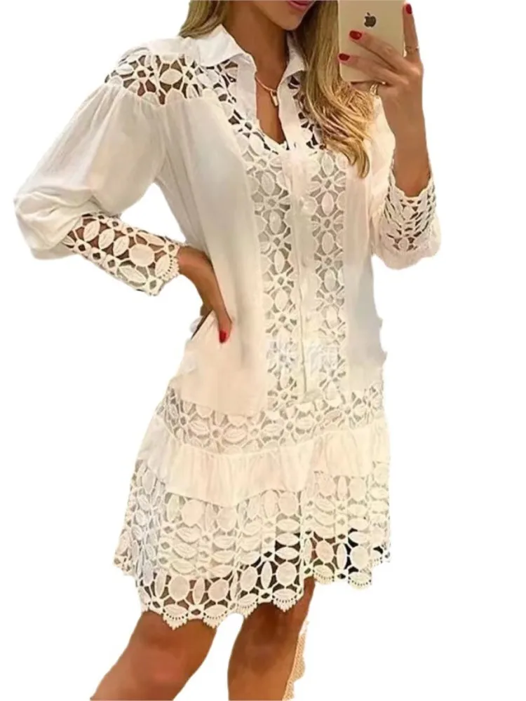 Spring Summer Lace Hollowed Out Patchwork Shirt Women\'s Solid Color Dress Sexy Elegant Female Beach Vacation Casual Loose Dress