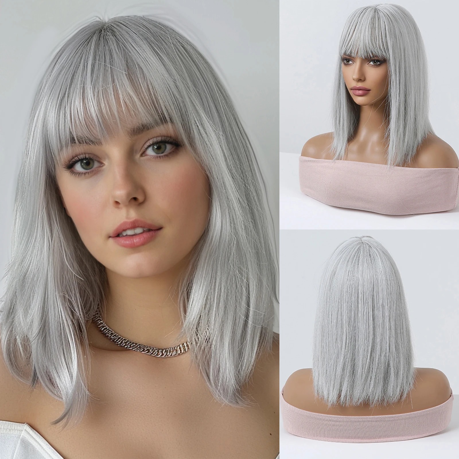 Silver Gray Straight Synthetic Wig Short Bob Wigs with Bangs for Women Cosplay Party Use Heat Resistant Fiber Natural Looking