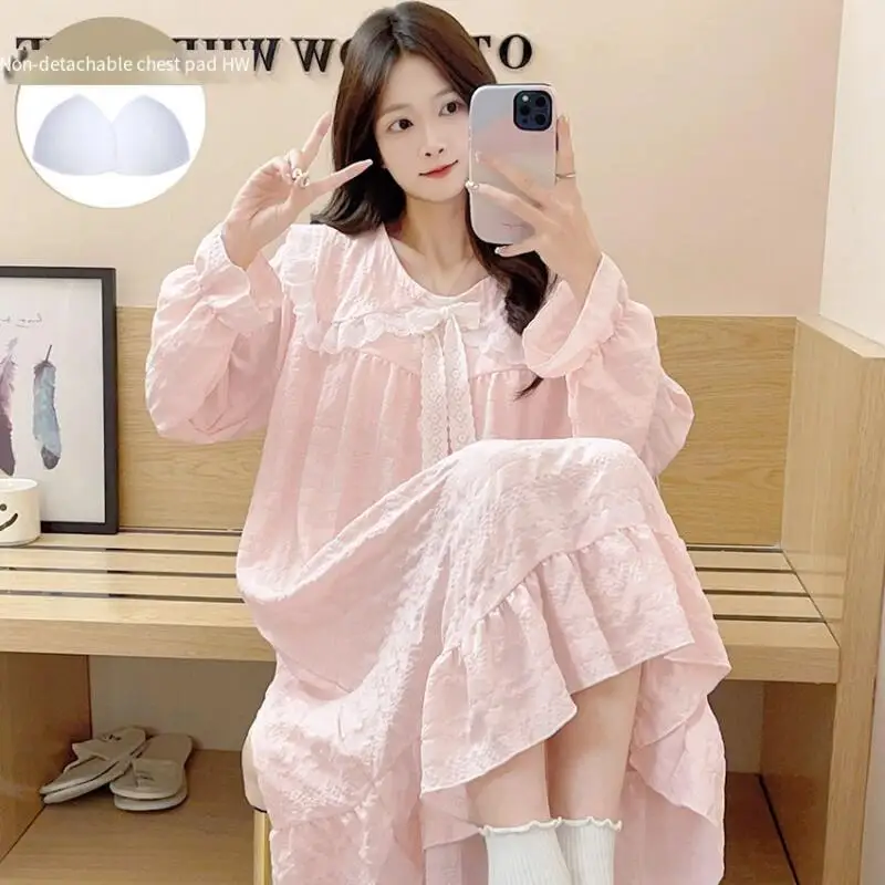 

Princess Lace Edge Pajamas Dress Young Girl Kawaii Sweet Loose Long Sleeves Leisure Wear Four Seasons Sleeping Wear Girl's Gift
