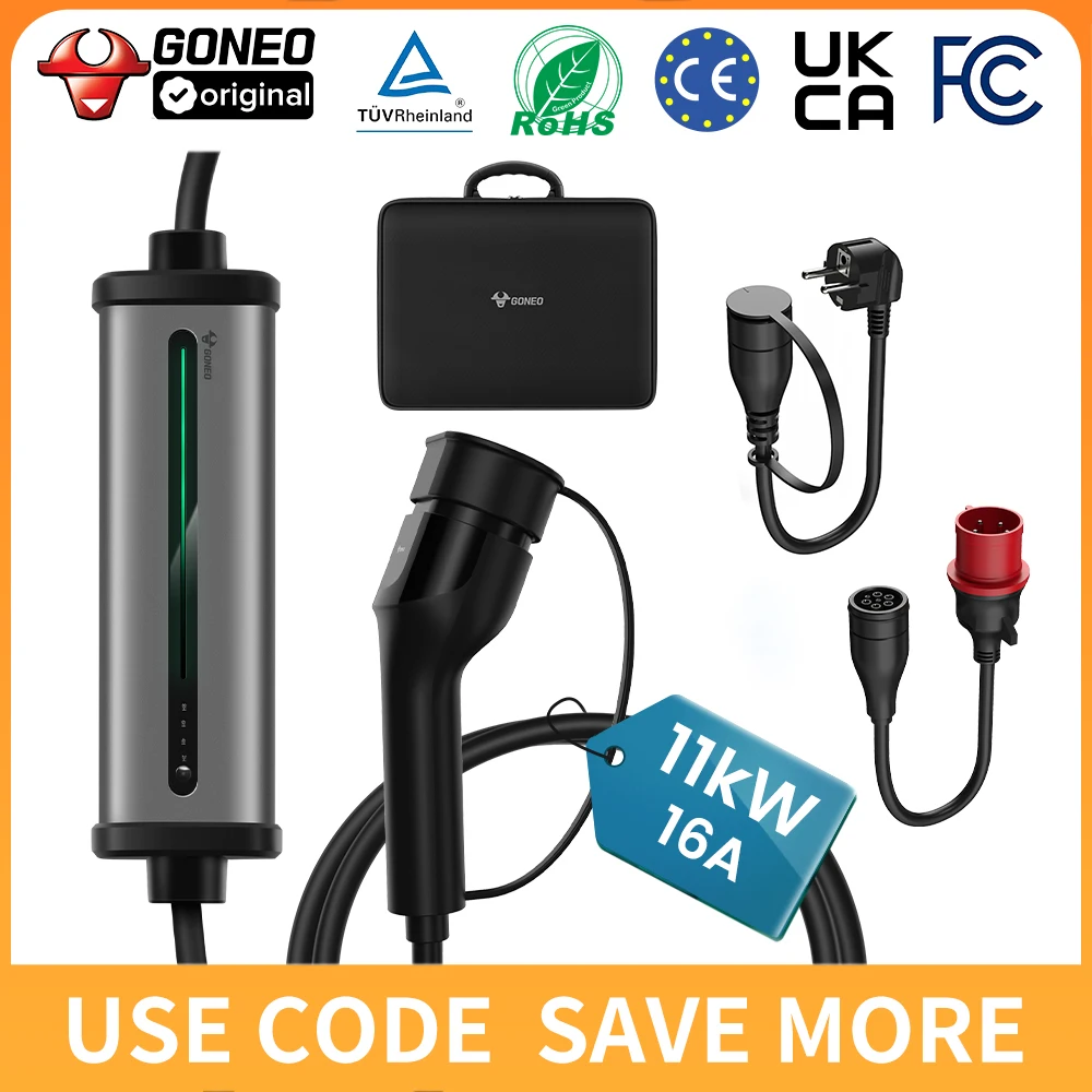 Stazione di Ricarica Mobile GONEO, Connettore Tipo 2 CEE e Spina Schuko | 11kW/7kW |   16A/32A | IP66 |   Cavo da 7M |   Model Y/3, ID3/4/5