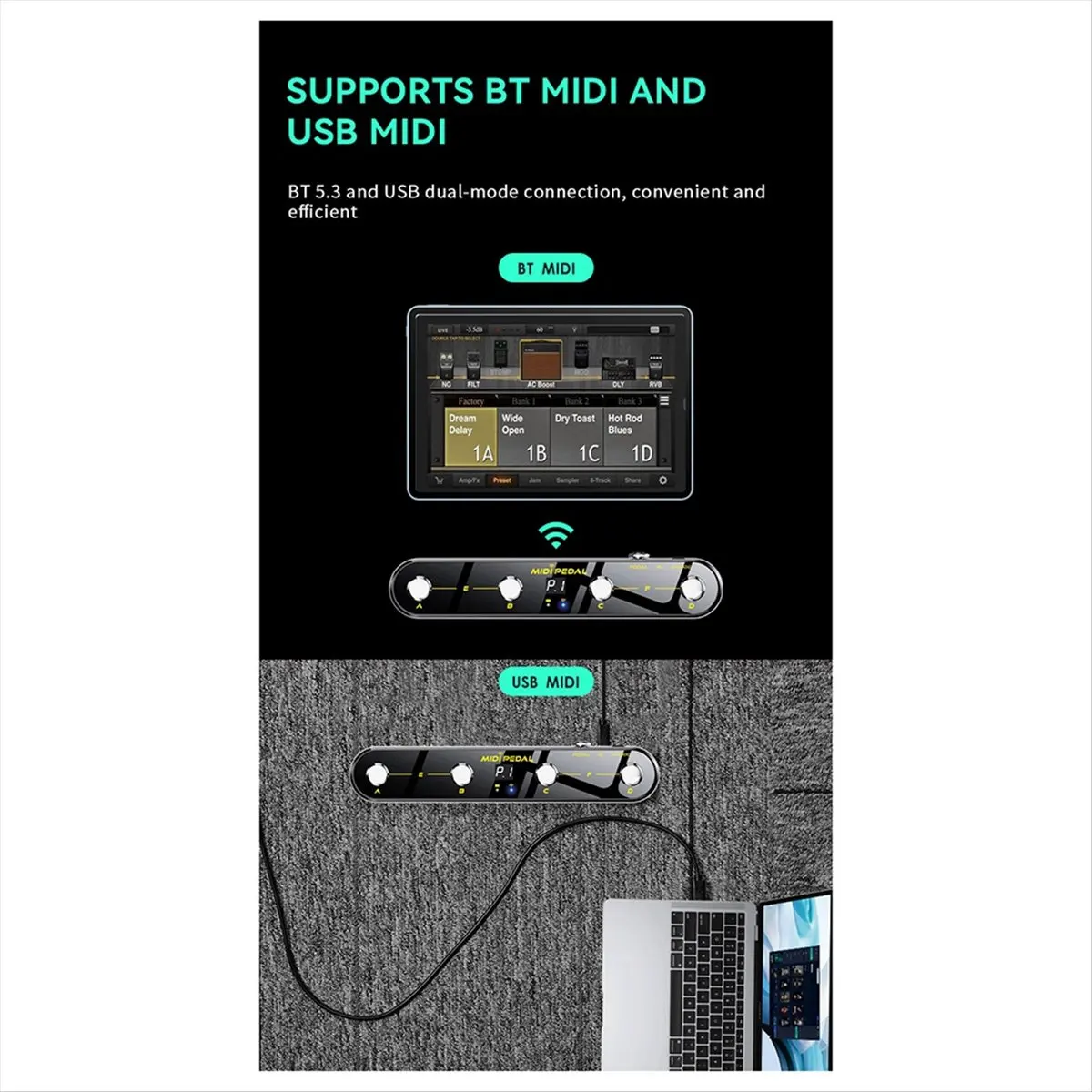 

Top Wireless MIDI Adapter Audio Transmitter Receiver 2.4GHz Ultra-Low Latency Built-in Silent MIDI Foot Controller