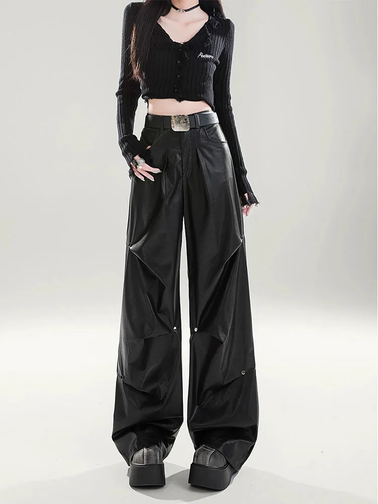 

Брюки женские из искусственной кожи с высокой талией, прямые, повседневные, свободные, больших размеров, для полных женщин, длинные