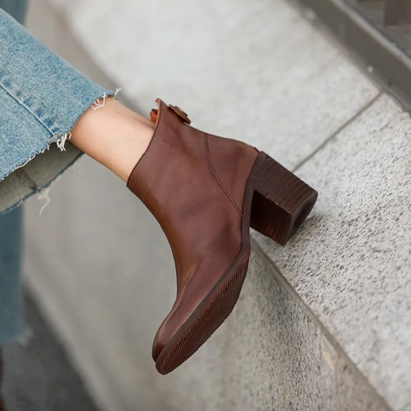 عودة البريدي حذاء من الجلد النساء النمط الأوروبي النساء أحذية الشتاء الخريف الربيع موجزة جلد البقر سميكة عالية الكعب أحذية السيدات الكلاسيكية #3