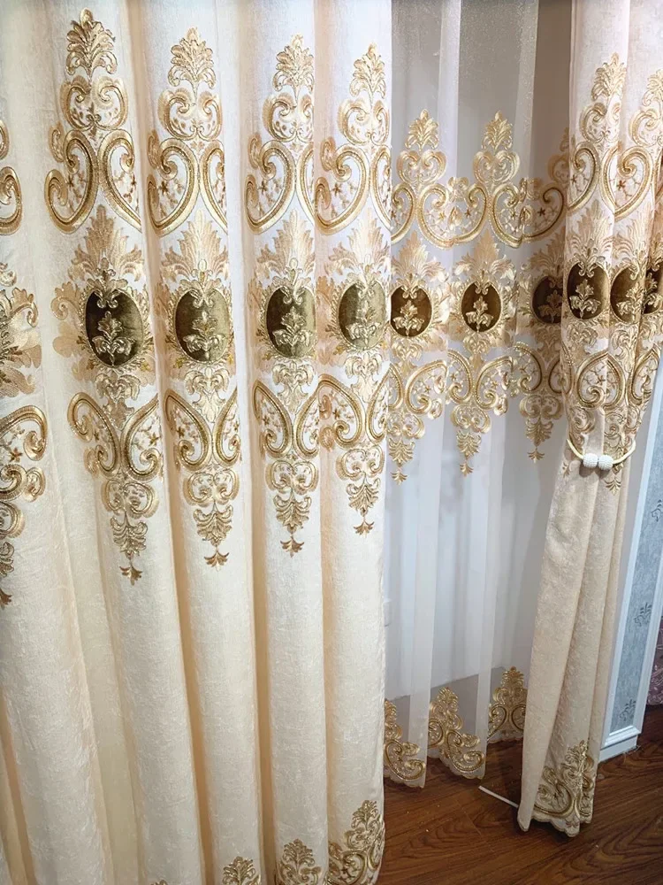 Champagne Color Curtains for Living Dining Room Bedroom European Living Room Chenille Gold Embroidery Curtains