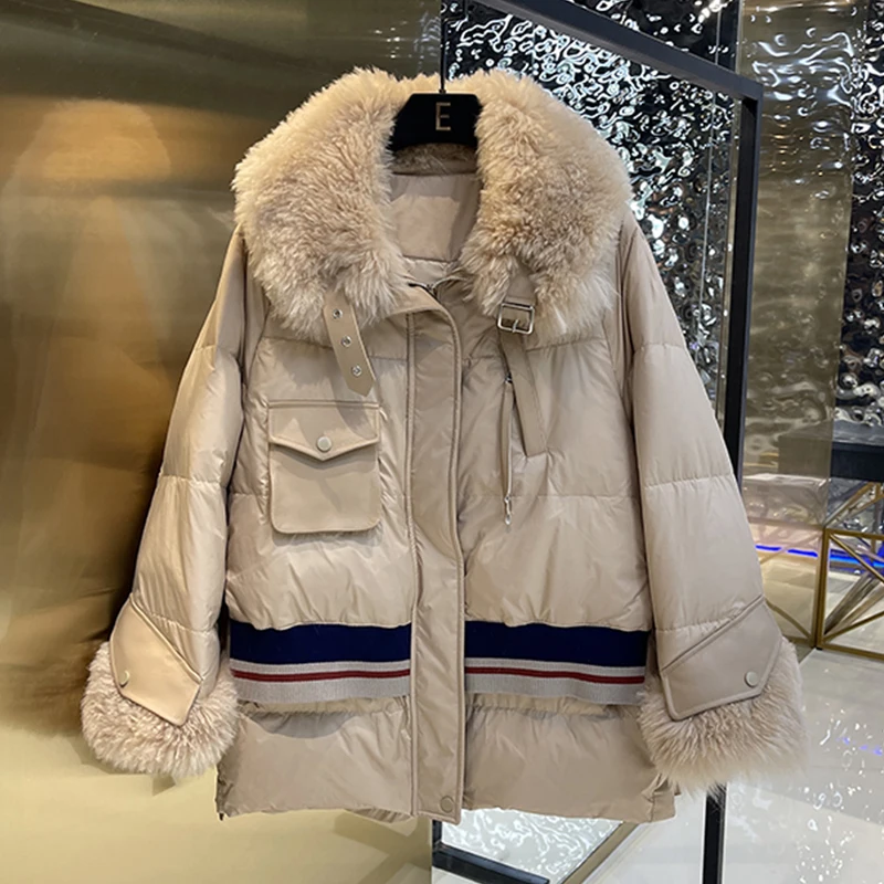 2023 Women Winter Natural Sheepskin Fur Collar Goose Down Jacket Sweet Style Luxury Female Coats Streetwear