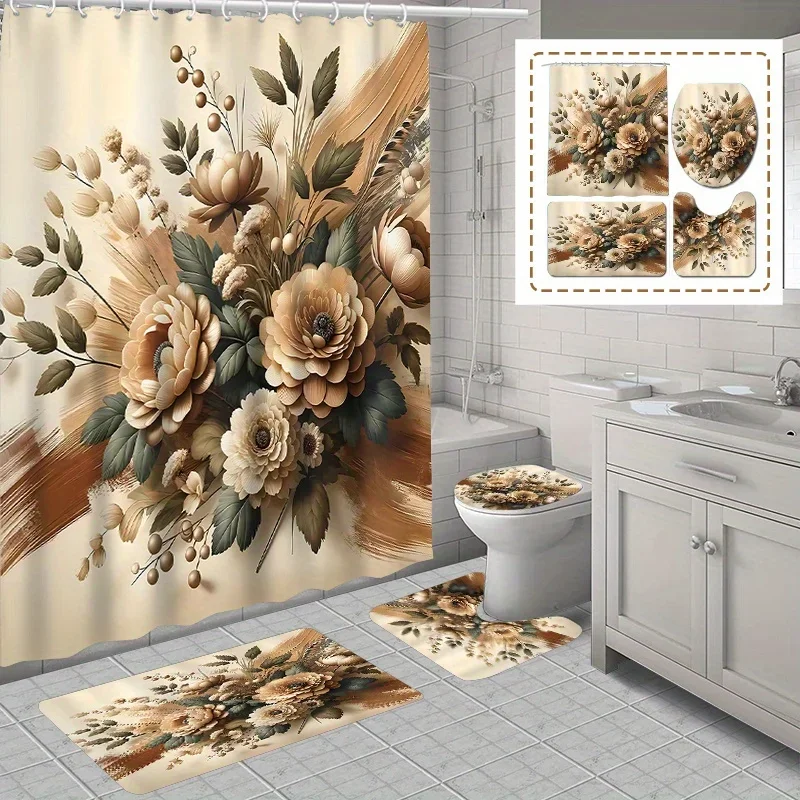 Water-resistant floral shower curtain set with 12 hooks, non-slip bathroom rugs, toilet seat cover, decorative woven polyester