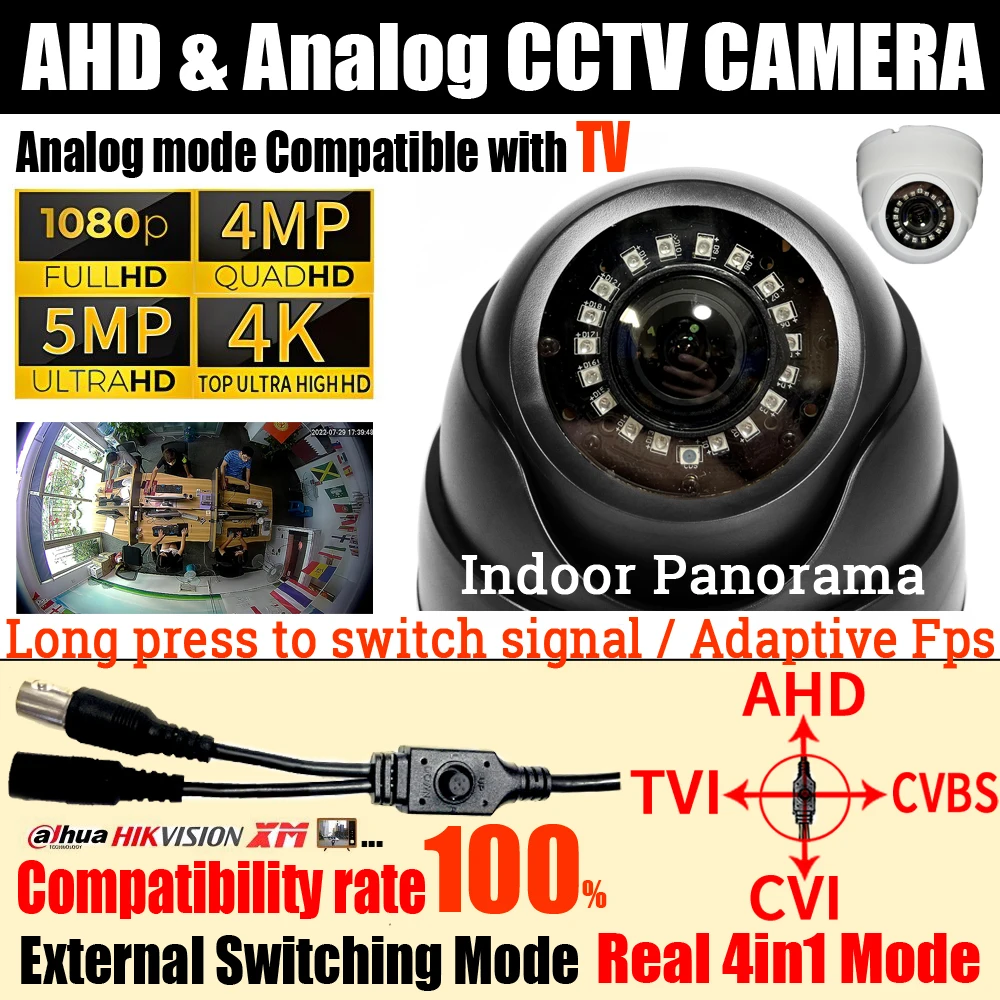 5MP 165° Wide Angle Indoor Fisheye 4MP 1080P 8MP CCTV AHD Dome Panoramic Camera 1.7mm TVI/CVI/CVBS 4in1 OSD Cable Home Monitor