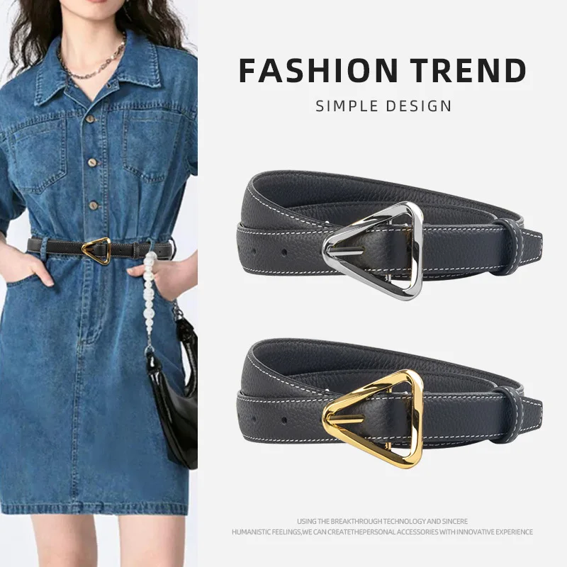 

Регулируемые джинсовые ремни с треугольной пряжкой из цельного зерна, поясные ремни из натуральной кожи в стиле личи, роскошные однотонные ремни из воловьей кожи Cinturon Mujer