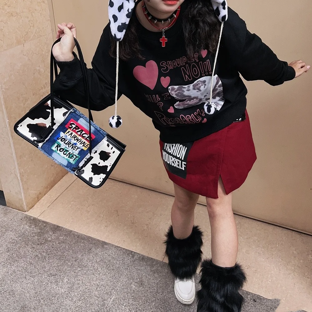 JIAERDI Vintage Y2k Handbags Women 2023 Spring Cow Print Large Capacity Tote Bags Ladies High Street Underarm Shoulder Bag