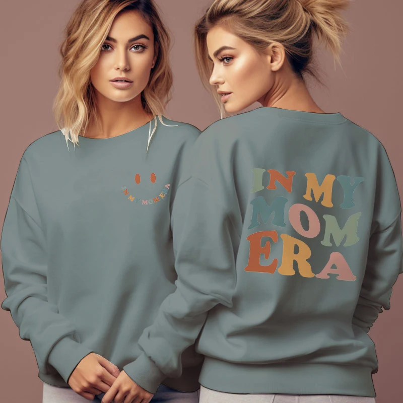 Women Creative Smiling Face Sweatshirt "In My Mom Era" Print Casual Daily Hoodless Pullover Funny Aesthetics Y2K Letter Hoodies