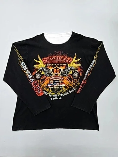 2026 Summer Vintage Biker Long Sleeve T Shirt Flame Wing Motorcycle Club Graphic Print Black Loose Streetwear Casual Top Kids