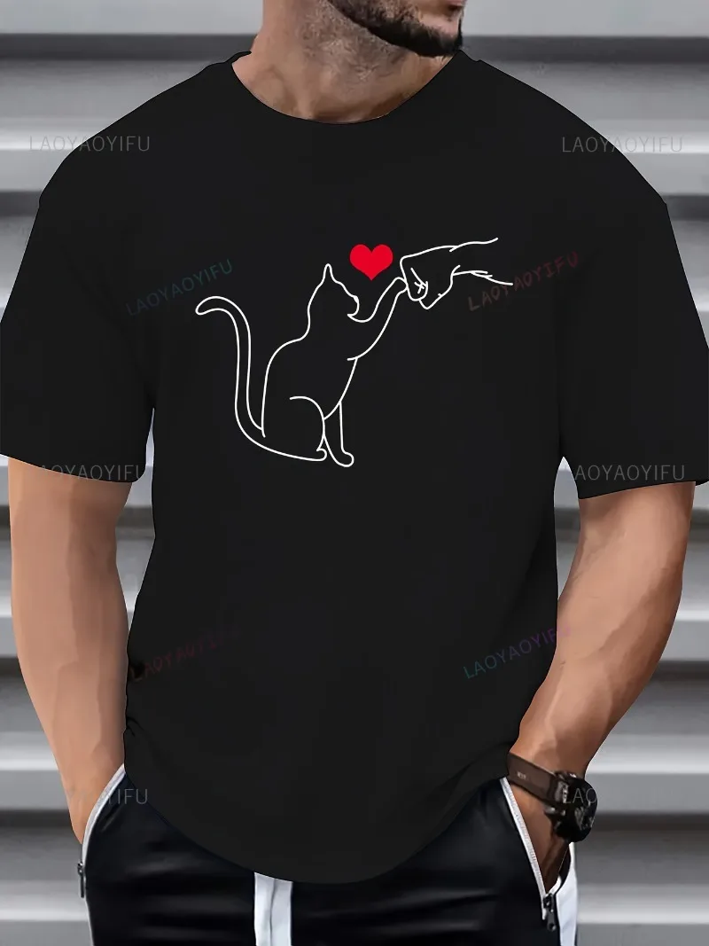 Men'S Black T-Shirt White Cat Fist Graphic Casual Short Man Clothing Shirts Everyday Tshirt Playful Design Men's Tees