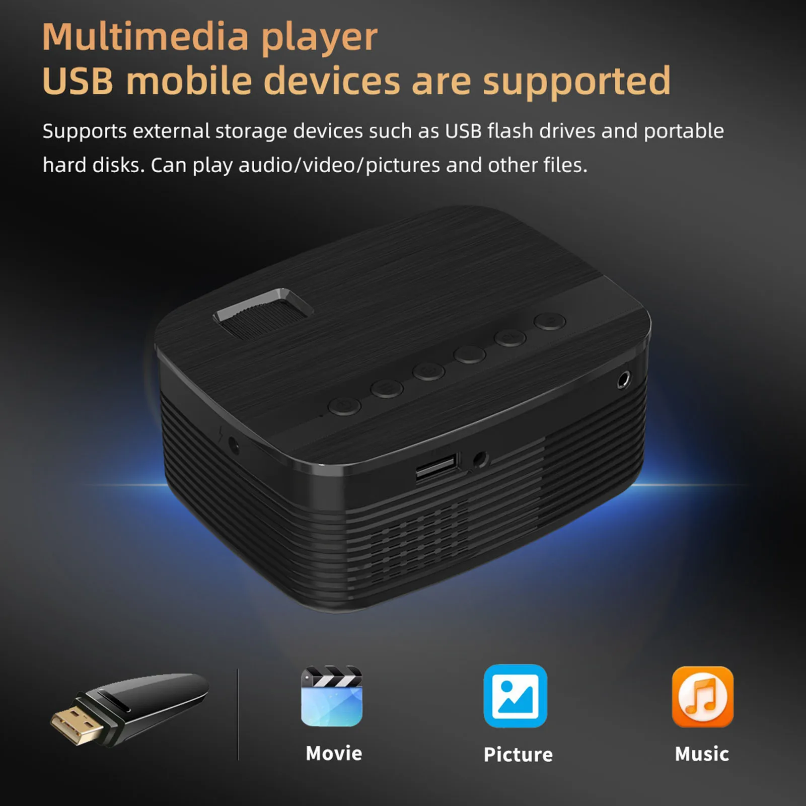 Videoprojektor 16 bis 110 Zoll, verstellbares Dual-Lüfter-Kühlsystem, USB 1080P HD-Projektor mit Fernbedienung für den Innenbereich