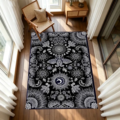 Bohemian Sun Moon Butterfly Floral Carpet Black and White Mystic Witch Style Non-Slip Floor Rug for Living Room Bedroom Home Decor