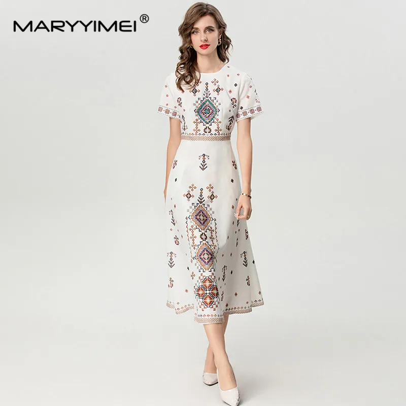 MARYYIMEI Autumn Women's Commuter Dress Short Sleeved Crystal inlaid High waist Grid pattern White Office Work Dresses