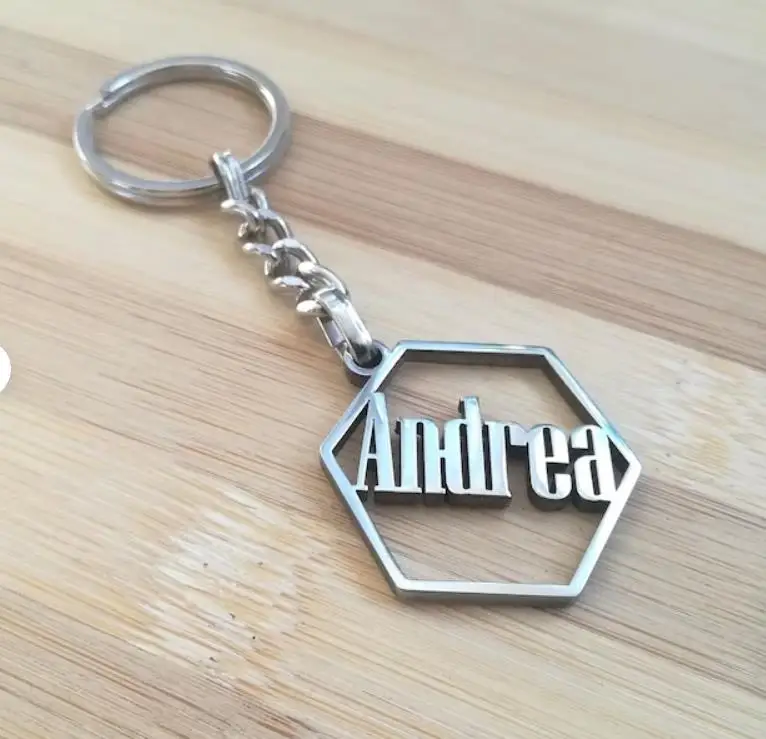 Custom Text Hexagon Name Keychain Stainless Steel Personalized Company Shop Name Engraved Keyring Multiple Font Business Gift