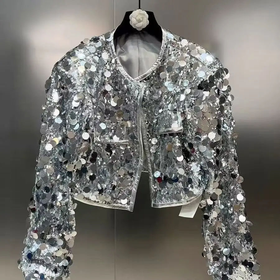 

Autumn Round Neck Long Sleeved Sequined Heavy Industry Children's Silver Jacket for Girls European and American fashion Jacket