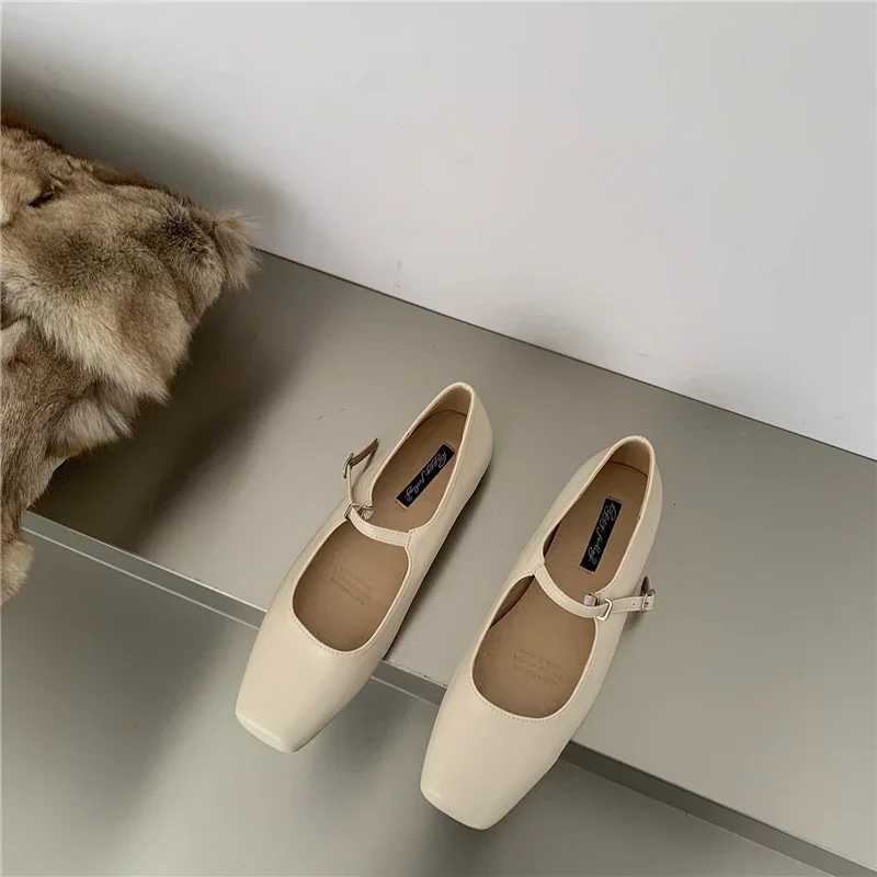 2024 NEW Spring Square Toe Ballet Shoes Fashion Low Heel Mary Jane Shoes Casaul Silver Shallow Buckle Soft Sole Shoes