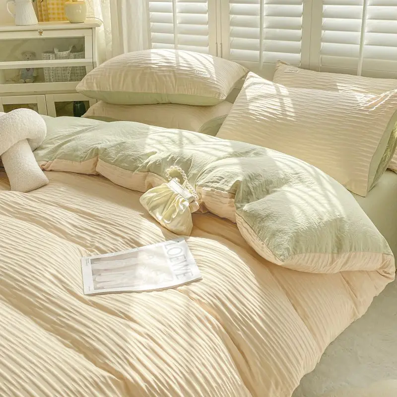 High-grade Princess Style Seersucker Cotton Home Bedding Suit Modern Simple Four Seasons Solid Color Bedroom Decor 4-piece Set