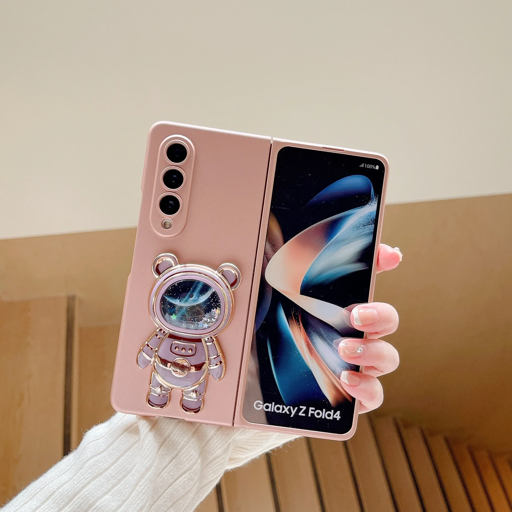 Fashion Cute Quicksand Space Astronaut Bracket Stand Holder Case for Samsung Galaxy Z Fold 6 5 4 3 2 Fold6 5G Matte Phone Cover