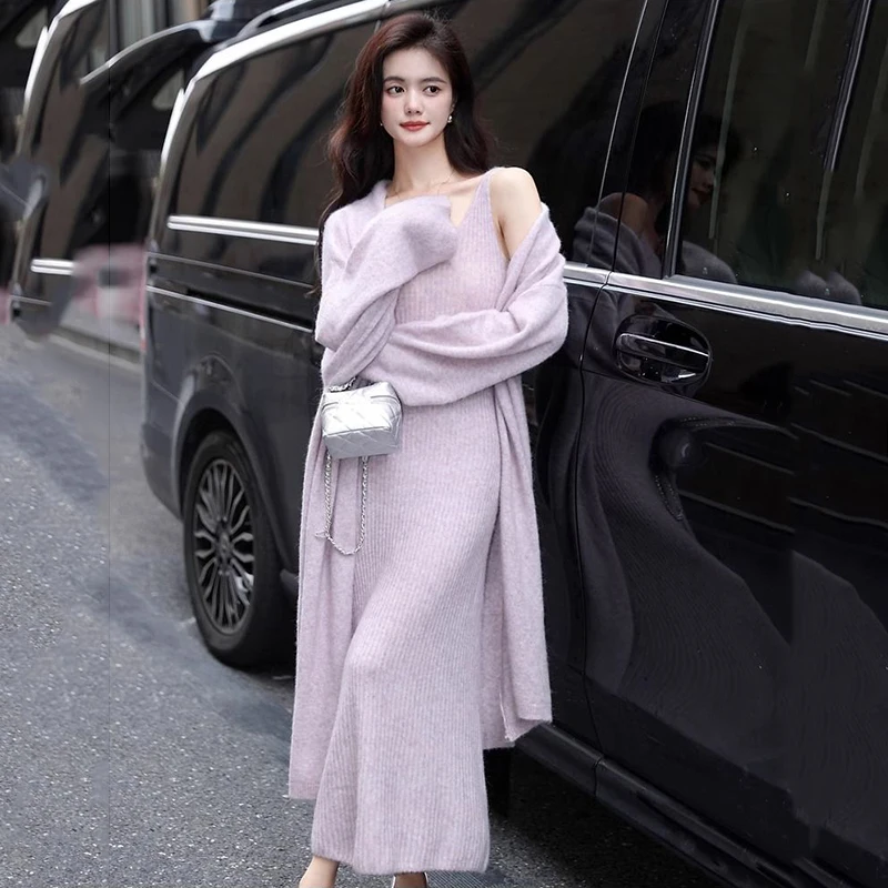 

Autumn Knitted Skirt 2 Piece Sets Fashion Long Coat Knitted Cardigan+V-neck Knitted Sweater Dress Womens Outifits