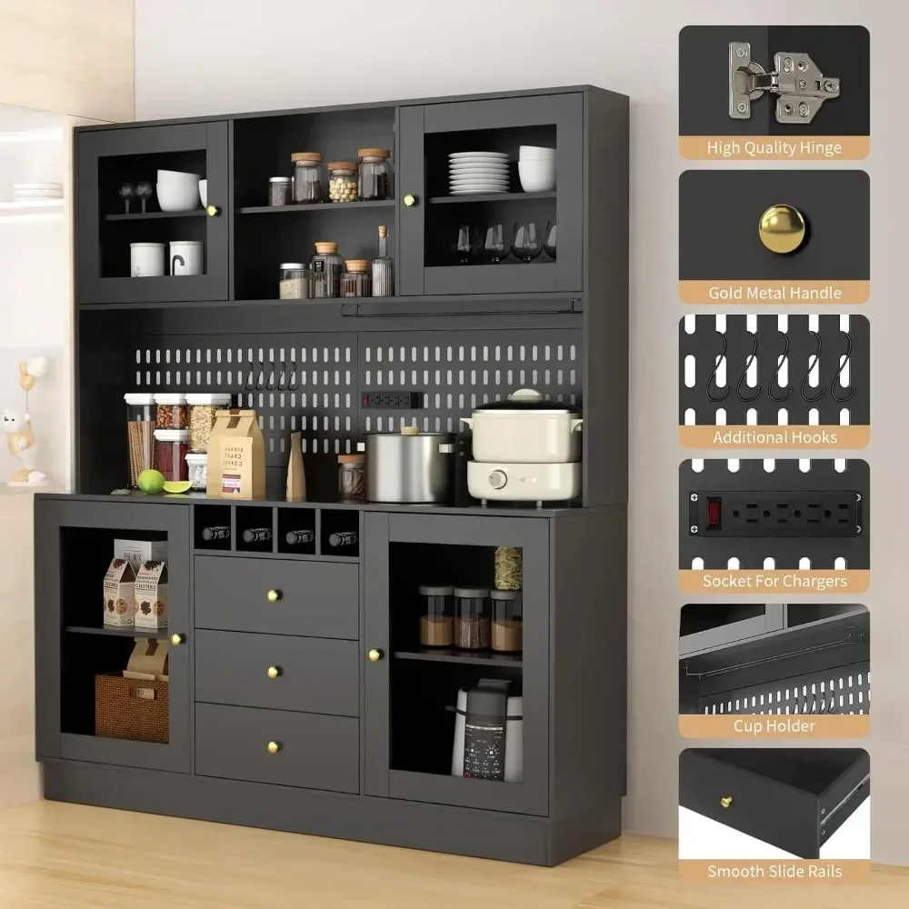 Kitchen Hutch Cabinet, Pantry Cabinet, Freestanding Buffet Hutch with Pegboard, Cup Holder, Power Outlet, 4 Doors & 3 Drawers