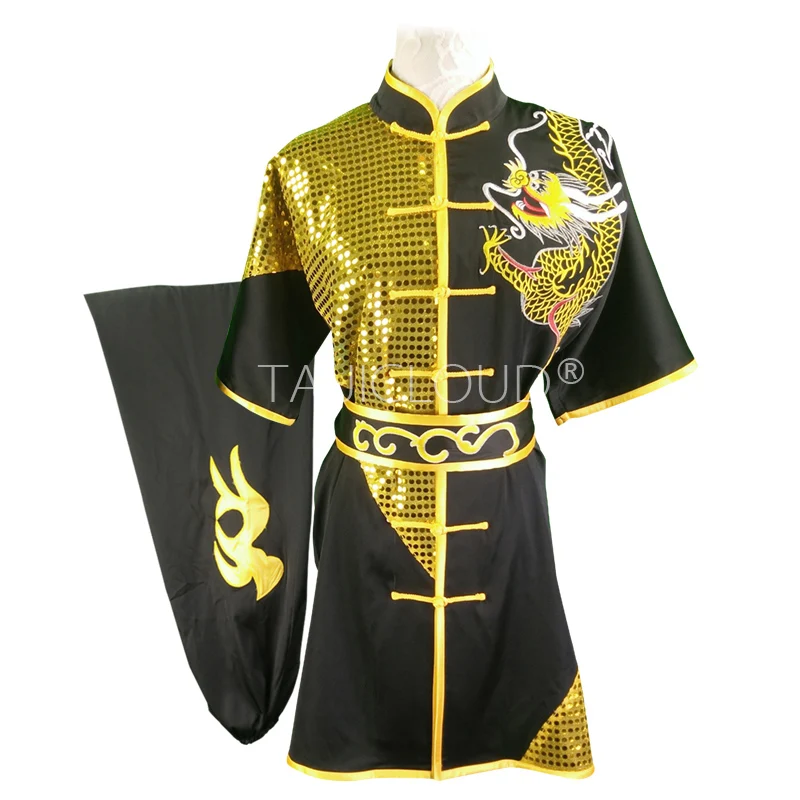 Long Fist Stick Diamond Summer Clothing, Tailored Short Sleeve, Embroidery Flower, Dragon Black, Adult and Children, Martial Art